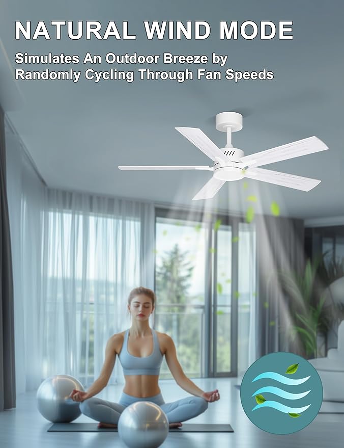 Ohniyou 48'' Ceiling Fans with Lights and Remote, 6 Speeds, 3 Colors & Dimmable LED Light, Silent DC Motor White Ceiling Fan for Living Room, Bedroom