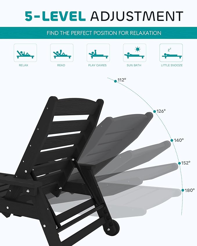 SERWALL Patio Chaise Lounge Chair Set of 4, 5 Positions Adjustable Poly Outdoor Lounge Chair for Pool, HDPE Lounge Chair with Rolling Wheels & Cup Holder for Poolside, Deck, Obsidian Black