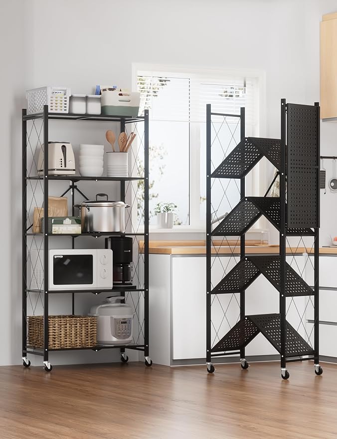 ALANNG 70.7" H Metal Storage Shelves, 5 Tier Folding Shelf on Wheels, Heavy Duty, No Assembly, Rolling, Collapsible Rack Unit for Kitchen, Basement, Pantry (Black,1 Pack)