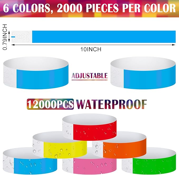 Tudomro 12000 Pcs Paper Wristbands Arm Bands for Events Neon Wrist Bands Lightweight Colored Concert Party Wristbands Adhesive Party Armbands Paper Bracelets Waterproof Hand Bands (Bright Color)