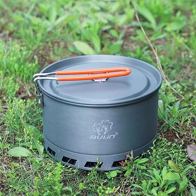 Bulin Camping Pot, 2.1L High Efficiency Backpacking Pot Ultralight Camping Cooking Set Cookware Gear with Heat-Proof Handle & Heat Exchanger for Outdoor Picnic Hiking Travel