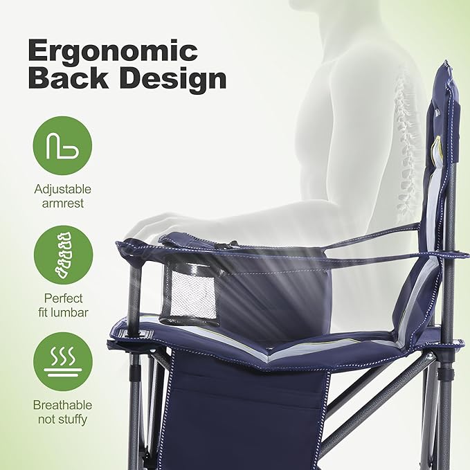 LET'S CAMP Oversized Folding Camping Chair Portable Outdoor Heavy Duty Padded Chairs Lawn Chair with Cup Holder, Storage Pocket and Cooler Bag, Supports 450LBS, for Camp, Travel, Picnic (Blue)