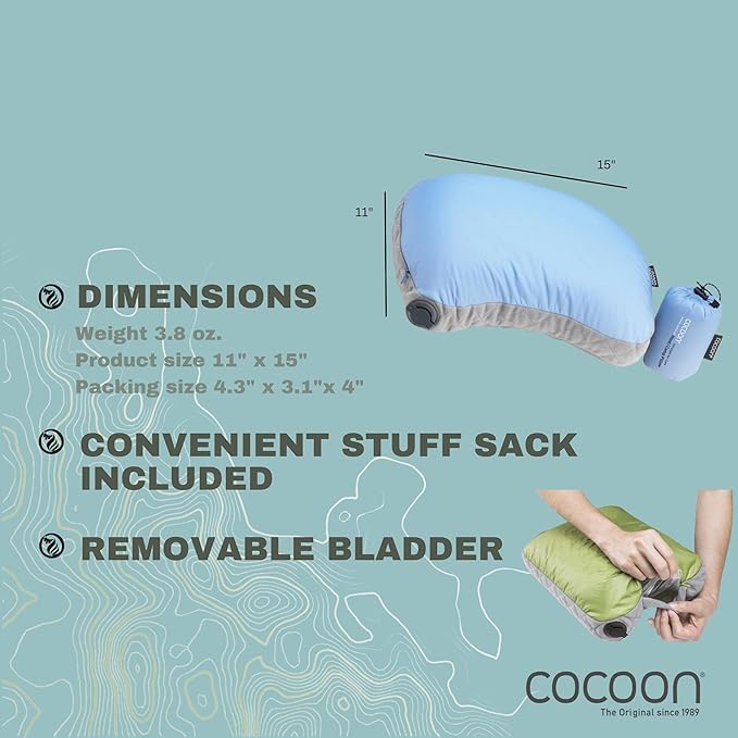 COCOON- Premium - Ultralight Inflatable AirCore Shaped Pillow - Washable Travel Air Pillows for Camping, Hiking, Backpacking (Regular 11" x 15")