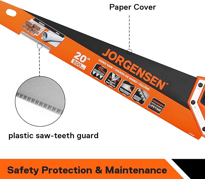 JORGENSEN 20 Inch Pro Hand Saw, 11 TPI Fine-Cut Ergonomic Non-Slip Aluminum Ultrasonic Welding Handle for Sawing, Trimming, Gardening, Woodworking, Drywall, Plastic Pipes
