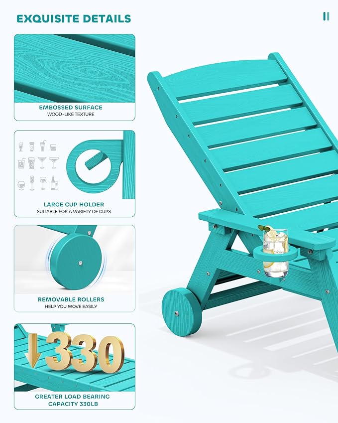 SERWALL Patio Chaise Lounge, HDPE All-Weather Outdoor Lounge Chair for Deck, Poolside, Aqua Blue, 1 pack