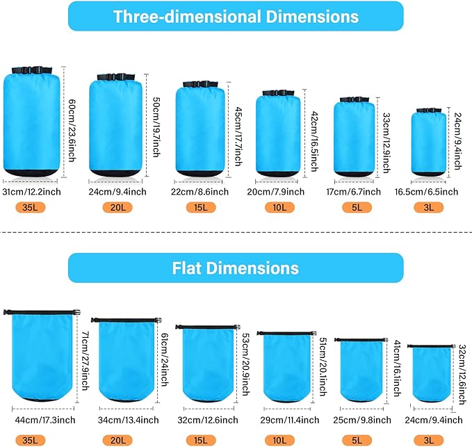 6 Pcs Waterproof Dry Bag Sack Lightweight Outdoor Dry Bags 35 L, 20 L, 15 L, 10 L, 5 L, 3 L Waterproof Boat Bag for Kayaking, Backpacking, Hiking, Camping Rafting(Blue)