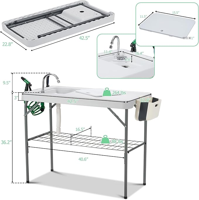 AHB 42" Outdoor Sink Fish Cleaning Table Portable Camping Table with Faucet Hose Hook Up Grid Rack, Fish Fillet Camping Sink Table with 7pc Fish Cleaning Kit for Picnic Beach Patio