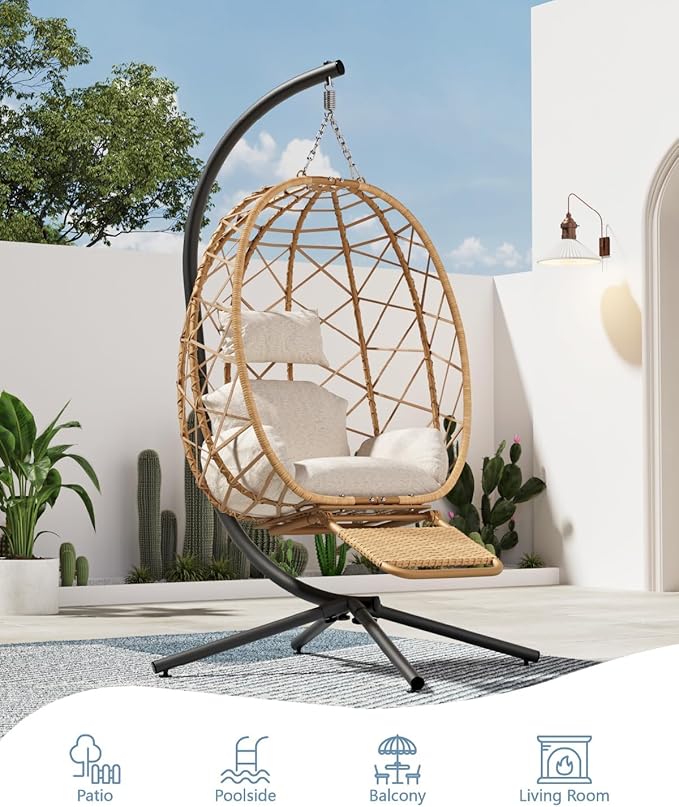 SWITTE Hanging Egg Chair with Stand, Outdoor Swing Egg Chair with Footrest, Patio Hammock Chair with Cushion for Garden Backyard-Cream