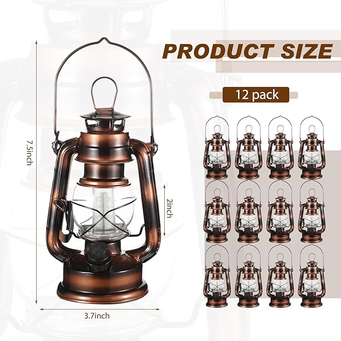 Hortsun 4 Pieces 8 Inch Vintage LED Hurricane Lantern 12 Warm LEDs and Dimmer Switch Battery Operated Farmers Hanging Lantern for Indoor Outdoor Camping Usage Decor