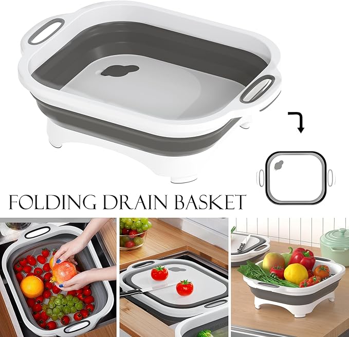 Collapsible Cutting Board,HI NINGER Camping cutting board with knife,Multifunctional Kitchen Vegetable Washing Basket Silicone Dish Tub for Camping Kitchen essentials/bbq prep tub/rv accessories