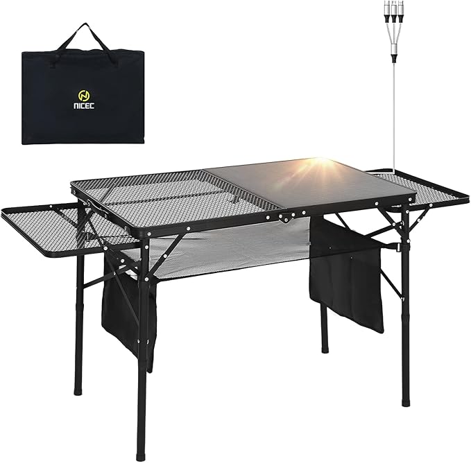 Nice C Camping Table, Grill Table, Tailgate Tables, Solar Panel Tables with USB, Type-C&DC Charging Cable, 42W Portable Solar Charger, 2 Side Shelves, Height Adjustable with Mesh Net&Cup Holders