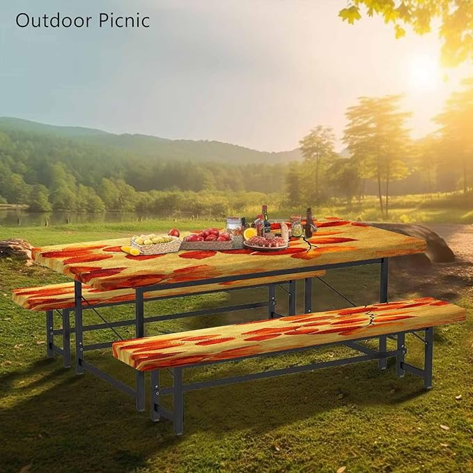 CAPSCEOLL Fitted Picnic Table Cover with Bench Covers with Elastic 8Ft Waterproof Camping Picnic Table Cover Cloths for Outdoors Camping Tablecloth with Drawstring Bag, 96X30in, Burnt Orange Leaves