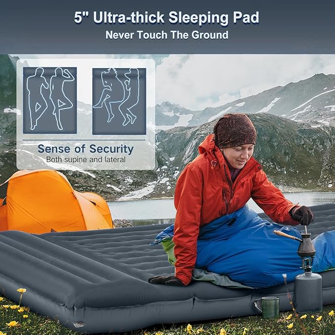 Camping Sleeping Pad, Extra Thick 5 Inch Camping Mat with Pillow Built-in Foot Pump Inflatable Sleeping Pads Compact for Camping Backpacking Hiking Traveling Tent