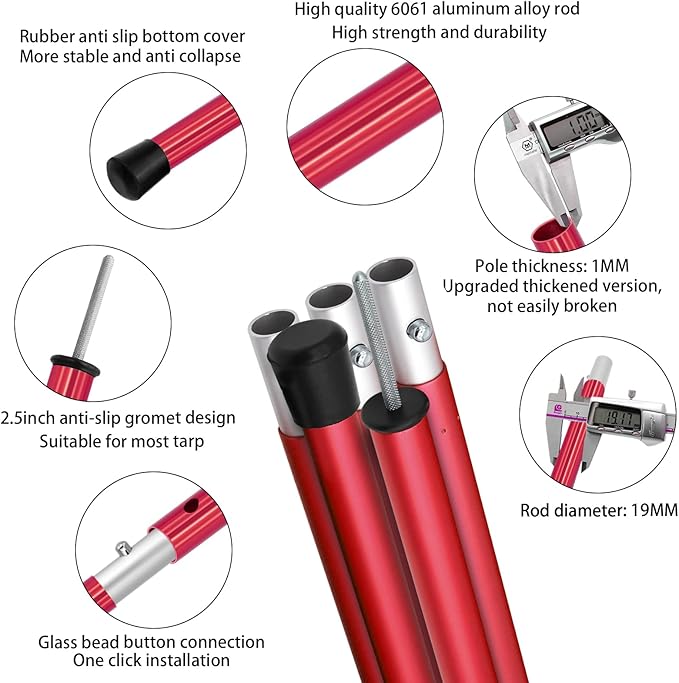 SAN LIKE Aluminum Tent Poles for Tarp - 75inch Adjustable Collapsible Poles for Awnings, Canopy, Rain Fly, Shelter - 2 Sets (5 Sections)