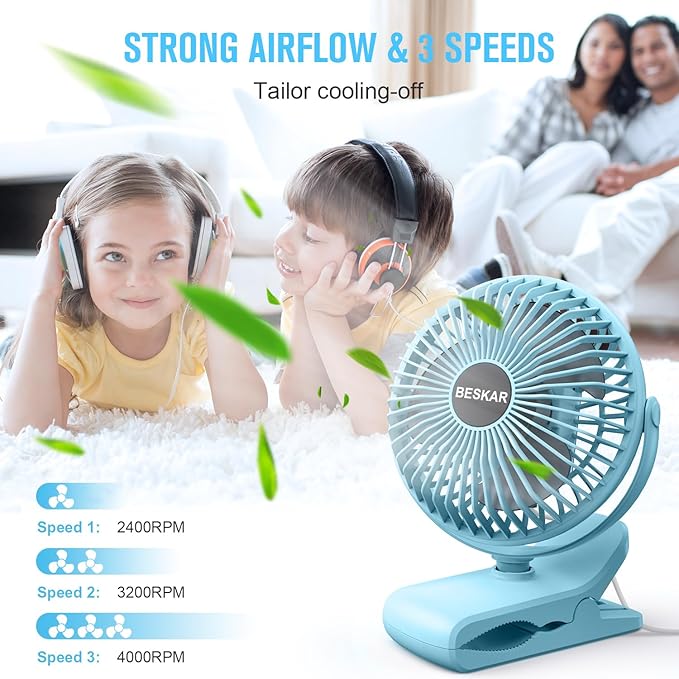 BESKAR Clip on Fan, Portable Small Desk Fans with Strong Airflow, 3 Speeds with Personal Fans Sturdy Clamp, Quiet Desk Fan & Clip Fan with USB Cord Powered - No Battery