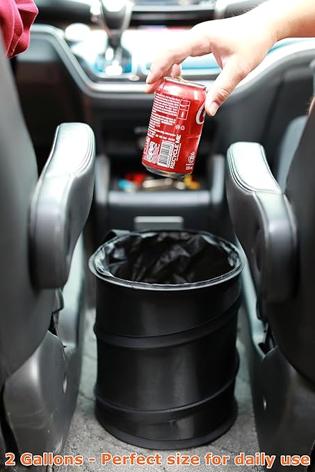 Ginsco 2 Gallons New Leakproof Car Trash Can, Compact Trash Can Pop-up Collapsible Hanging Car Trash Bin with Hook and Loop, Waterproof PEVA Liner Open-Top Garbage Can for Cars Home Office