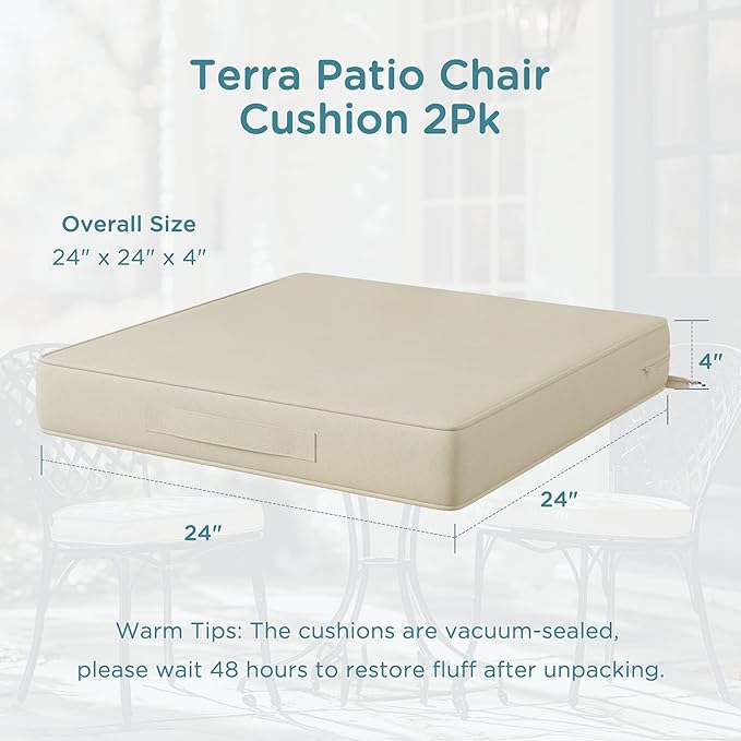 Codi Outdoor Cushions for Patio Furniture 24x24 Inch, Waterproof Chair Seat Cushion with Handles & Adjustable Straps, Fade Resistant - Set of 2, Beige