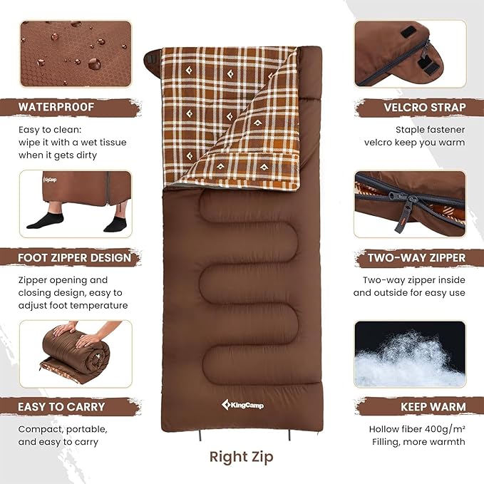 KingCamp Sleeping Bag for Adults, Cold Weather & Warm XL Big and Tall Flannel Sleeping Bags with Compression Sack Portable Waterproof Essentials Gear Accessories for Outdoor Camping
