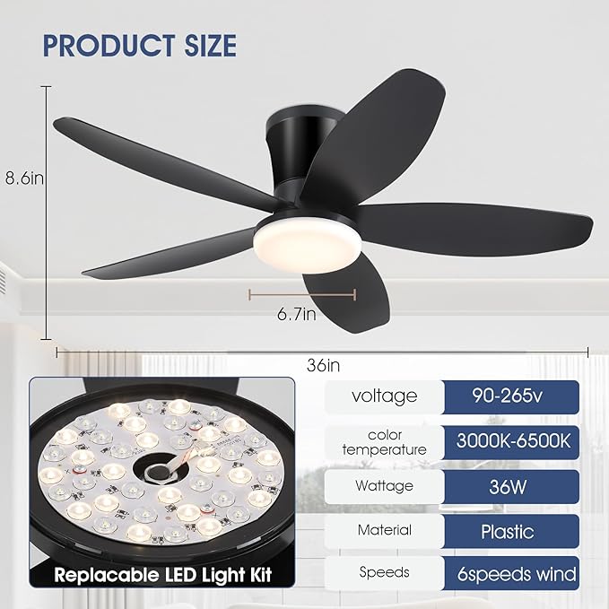 Ceiling Fans with Lights-36 Low Profile Ceiling Fan with Light and Remote/APP Control,Flush Mount,DC Reversible,LED Dimmable Black Ceiling Fans for Bedroom,Indoor/Outdoor Patio Use