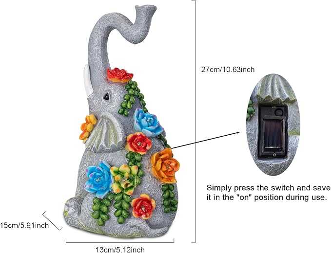 Elephant Garden Statue Solar Lamp with 8 Led Lights Decor Outdoor Resin Waterproof Sculpture Patio Lawn Yard Porch Decorations Housewarming Gifts for Women Mom Grandma