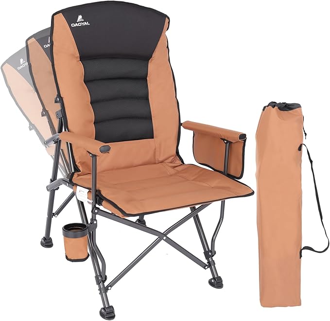 Camping Chairs for Adults, Adjustable Backrest Heavy Duty Oversized Folding Camping Chair Supports 350lbs for Outside with Cup Holder&Side Pocket, Outdoor Folding Camp Chair with High Back (Brown)