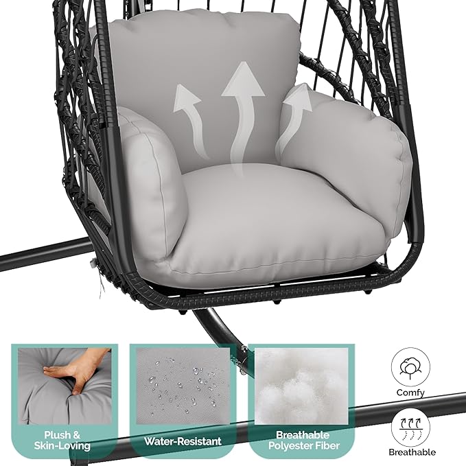 YITAHOME Hanging Egg Chair with Stand, Rattan Wicker Swing Egg Chair with Resistant Cushion, 370lbs Capacity, Foldable Hanging Basket Chair for Porch, Garden, Bedroom, Balcony - Grey