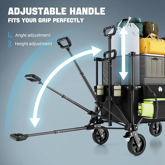 Folding Wagon Cart Foldable with Wheels, Adjustable Double Decker 150L-300L Capacity, All-Terrain Wheels & Brake, 450LBS Heavy Duty Collapsible Wagon for Beach, Camping, Outdoor