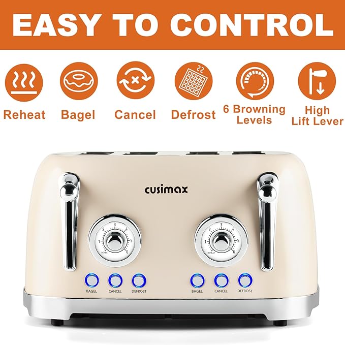 CUSIMAX Retro 4 Slice Toaster With Wide Slots for Bagels, Stainless Steel, 6 Toast Settings, Bagel, Cancel, Defrost & Reheat Functions, Dual Independent Control Panels, Cream