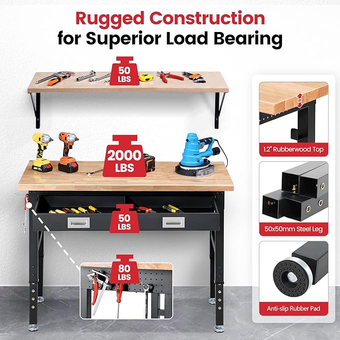 Workbench with Shelf Bracket 48 Inch Adjustable Height Work Bench for Garage Heavy Duty Rubberwood Tabletop Work Table with Drawer, Power Outlets for Woodworking, Home, Office, Workshop
