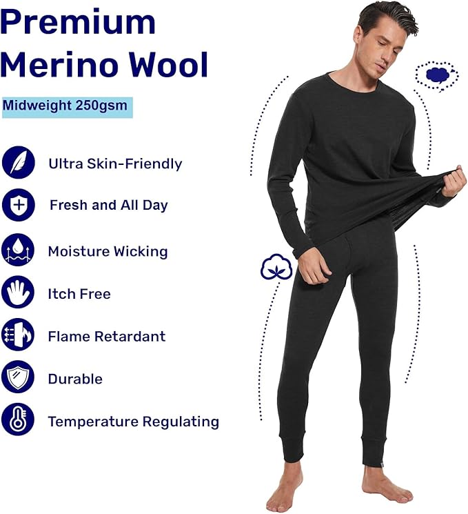 MERINNOVATION Merino Wool Base Layer Set for Men 100% Merino Wool Thermal Underwear Long Sleeve
