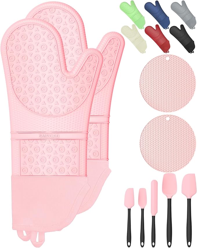 Oven Mitts with Heat-Resistant Hot Pads and Five Silicone Spatulas Designed for Kitchen Baking Cooking, Oven Glove Soft Cotton Lining, Waterproof, BPA-Free (Pink, 15.7)