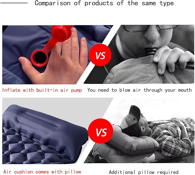 Sleeping Pad for Camping- Ultralight Inflatable Sleeping Mat with Built-in Foot Pump & Pillow, Upgraded Compact Camping Air Mattress for Camping, Backpacking, Hiking (Dark Blue)