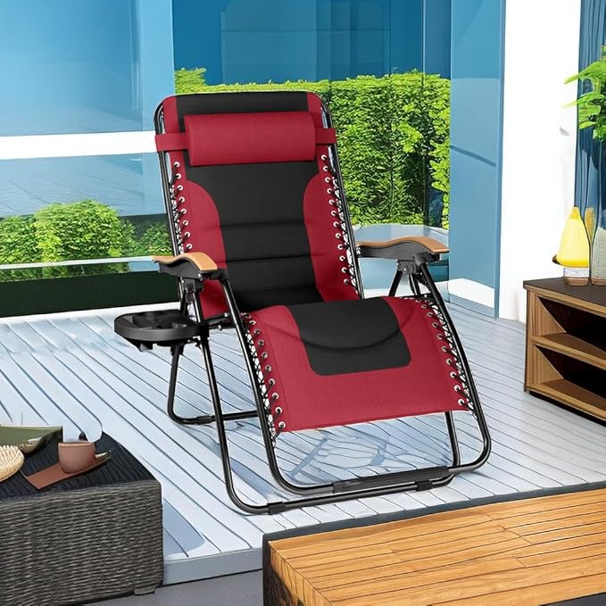 PHI VILLA XXL Oversized Padded Zero Gravity Chair, Foldable Patio Recliner, 30" Wide Seat Anti Gravity Lounger with Cup Holder, Support 400 LBS (Red)
