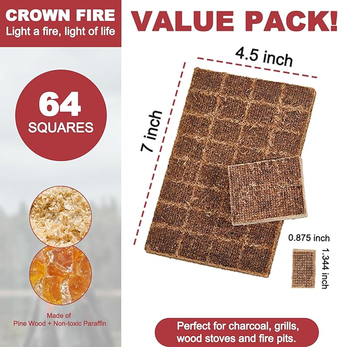 Fire Starter Cubes 64 Pcs - Fire Starters for Fireplace Indoor Outdoor Fire Pit, Chimney, BBQ Grill, Camping Fire, Wood Stove - Water Resistant and Safe Odorless Charcoal Starter - Camping Accessories