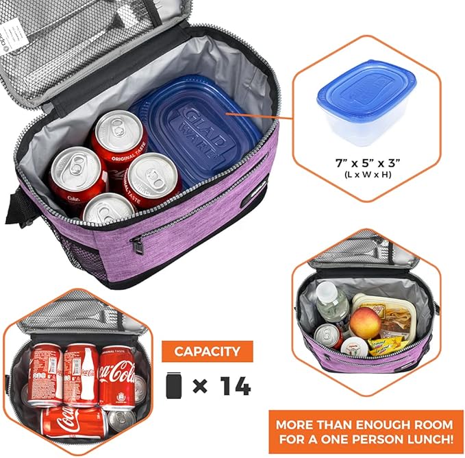 opux Insulated Lunch Box Men Women, Lunch Bag for Work School, Leakproof Soft Cooler Tote Adult, Large Lunch Pail Kids Boys Girls, Picnic Beach Food Bag with Shoulder Strap, Purple