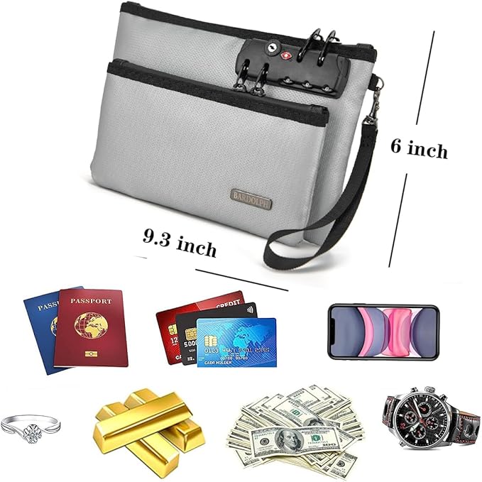 Fireproof Money Bag with Lock, Double layer Cash Bag BankBag for Cash, Valuable StorageBag,Fireproof Safe Box Money Pouch with Zipper (silvery, Small)