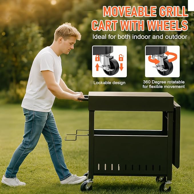 Outdoor Grill Table Cart for Blackstone 28"/36" Omnivore Griddle, 50" x 22“ Large Prep Station Grill Stand with Foldable Side Table for Blackstone 17”/22” Griddle, Ninja Woodfire, Ooni Pizza Oven