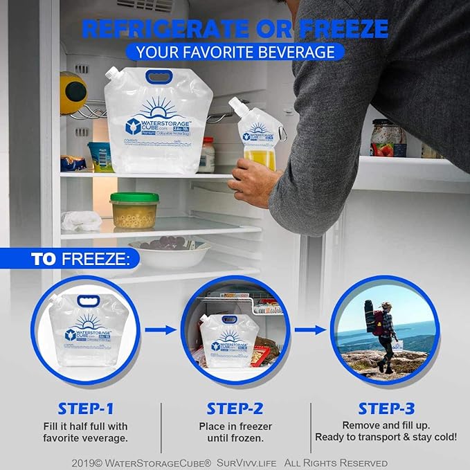 WaterStorageCube Premium Collapsible Water Container Bag, BPA Free Food Grade Clear Plastic Storage Jug for Camping Hiking Backpack Emergency, No-Leak Freezable Foldable Water Bottle 1.3/2.6 Gallon