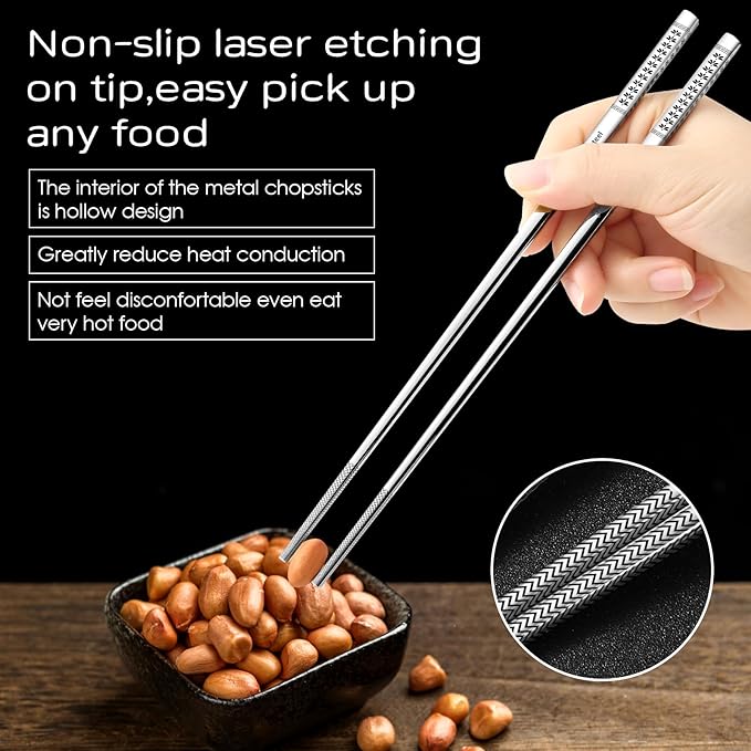 8 Pairs Metal Chopsticks Reusable 18/8 Stainless Steel Chopsticks Set Cute Laser Engraved Non-slip Japanese Korean Chinese Chopstick for Cooking Eating Dishwasher Safe 9.25" Chop Sticks Gift Set