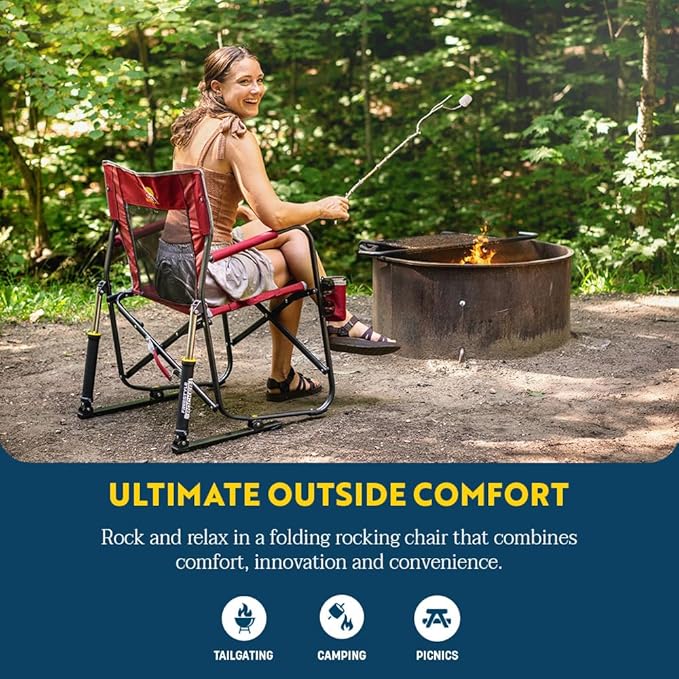 GCI OUTDOOR Freestyle Rocker Camping Chair | Portable Folding Rocking Chair with Solid, Durable Armrests, Drink Holder & Comfortable Backrest — Cinnamon