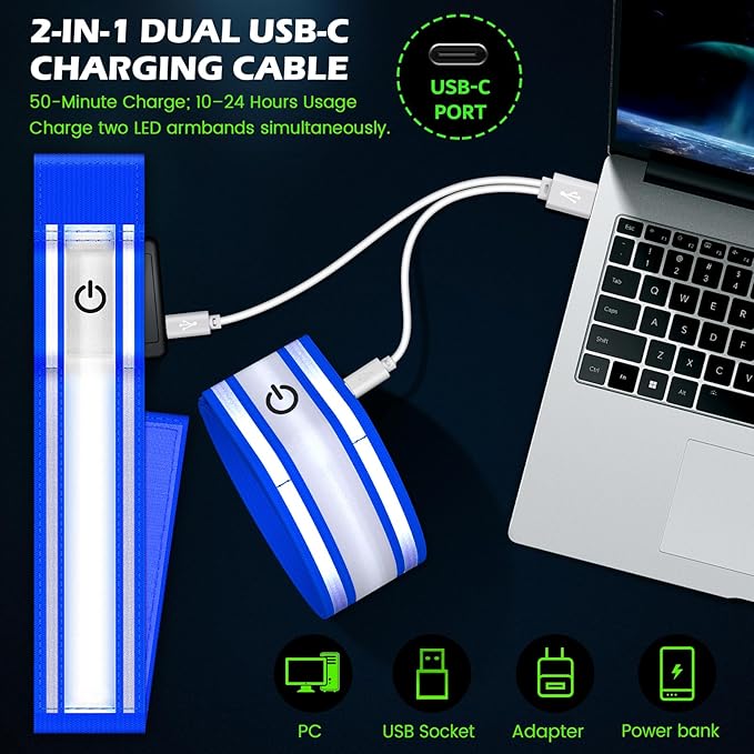 LED Armband for Running 2 Pack, 5 Colors 3 Lights Modes Rechargeable Reflective Light Up Arm Bands, High Visibility Reflective Gear for Running Walking Cycling at Night (Blue)