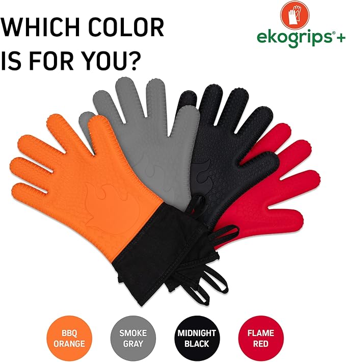 Ekogrips Plus Oven Gloves with Fingers, Comfy Waterproof Silicone Oven Mitts Heat Resistant with Long Cuff, Insulated BBQ Gloves Perfect for Grilling, Baking, Smoker, Canning, and Pizza, Red, OSFM
