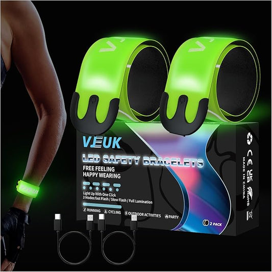 2 Pack LED Armband Running Lights with Reflective Gear, Rechargeable LED Wristband Lights for Night Safety, Light Up Armbands for Runners, Joggers, Walkers