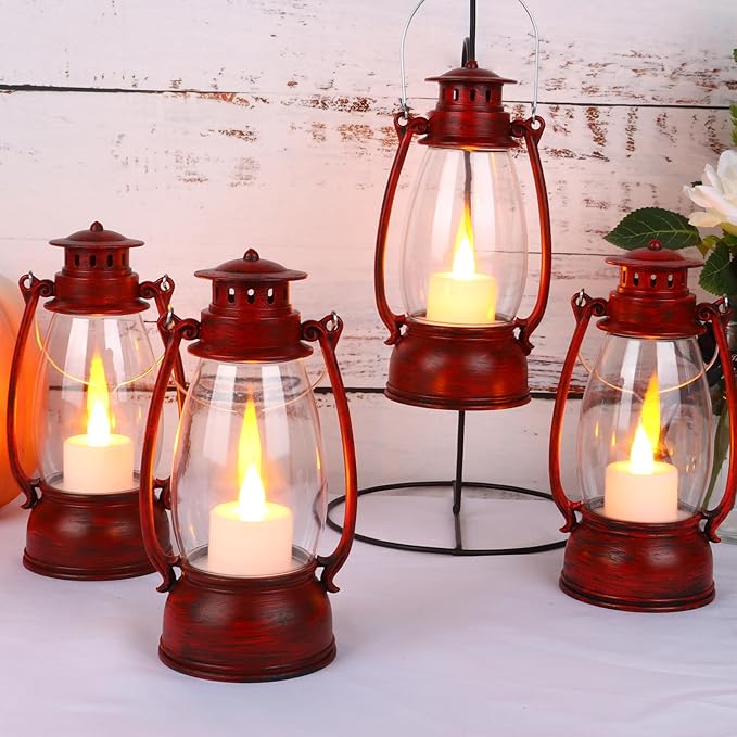 Vintage Red Lantern Decor With Remote Control, 8" Candle Lantern with Handle - Small Hanging Lanterns for Decorative Indoor & Outdoor Use - Perfect for Wedding Centerpiece