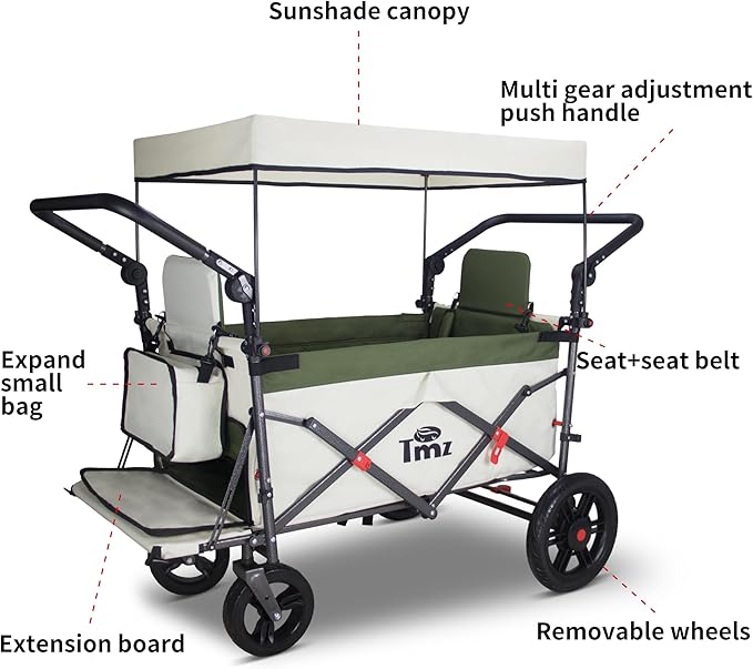 TMZ Foldable Wagon with Canopy, Collapsible Folding Wagon with Adjustable Handle Bar, Multi Functional Cart with Expansion Accessories, Front Expandable Transport Camping Wagon (Green/Beige)