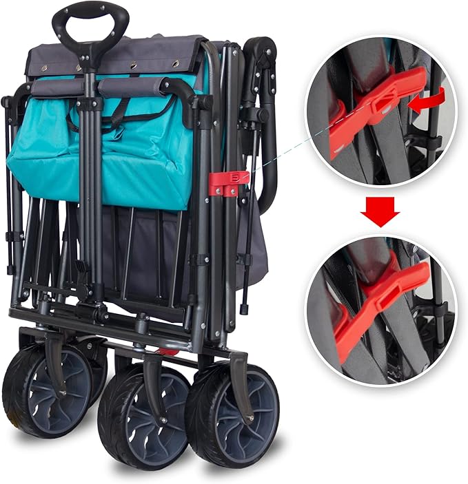 TMZ Collapsible Folding Outdoor Utility Wagon with Removable Canopy - 265lbs Heavy Duty Trolley with Rubber Wheels, Adjustable Handles, Rear Basket, for Shopping, Picnic, Camping (Turquoise/Grey)