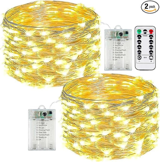 2-Pack 50 LED Fairy Lights Battery Operated with Remote Control Timer, 16 FT 50 LED Battery Lights Outdoor Indoor, 8 Mode Twinkle String Lights for Classroom Party Bedroom Christmas Décor (Warm White)