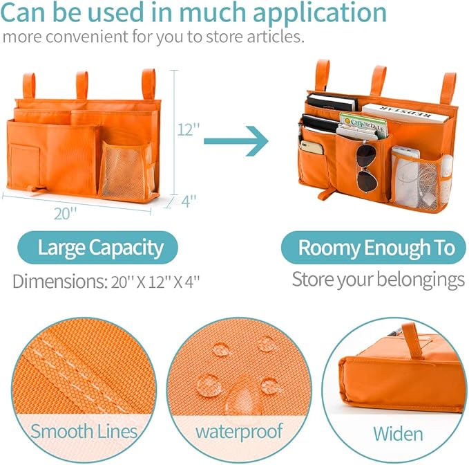 Bseash Bunk Bed Organizer, Bedside Caddy Hanging Bed Organizer Storage Bag 8 Pockets, for College Dorm Rooms Bed, Hospital Bed, Baby Bed Rails, 600D Oxford Cloth (Orange)