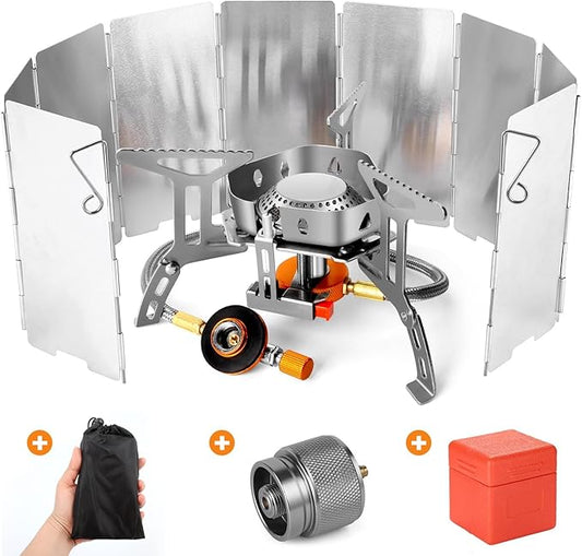 Odoland 3500W/6800W Windproof Camp Stove Camping Gas Stove with Windscreen, Fuel Canister Adapter, Piezo Ignition for Outdoor Backpacking Hiking and Picnic