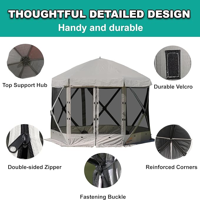 Pop Up Screen Tent, 10'x10' Windproof & UV Protection Sun Shelter, Portable Instant Setup, 6-Sided Screen Tent for Picnic, Camping, Backyard, Outdoor (Grey)